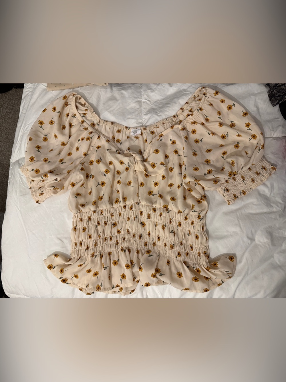 Floral Smocked Peasant Top - Cream with Mustard Floral
